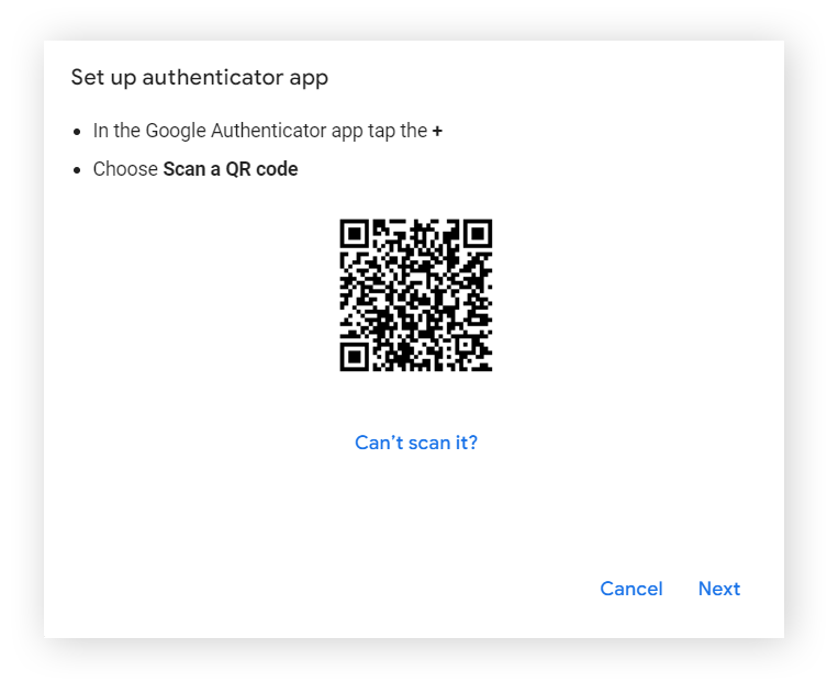 设置 Google Authenticator 的 QR 码界面